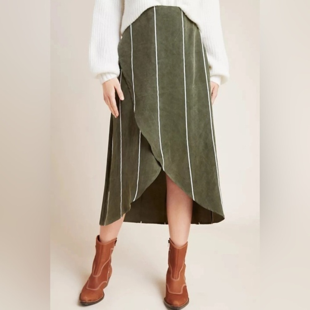 Anthropologie Sancia Olive green striped faux wrap skirt